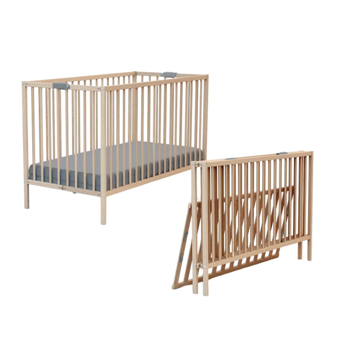 Folding wooden cot assembled and folded